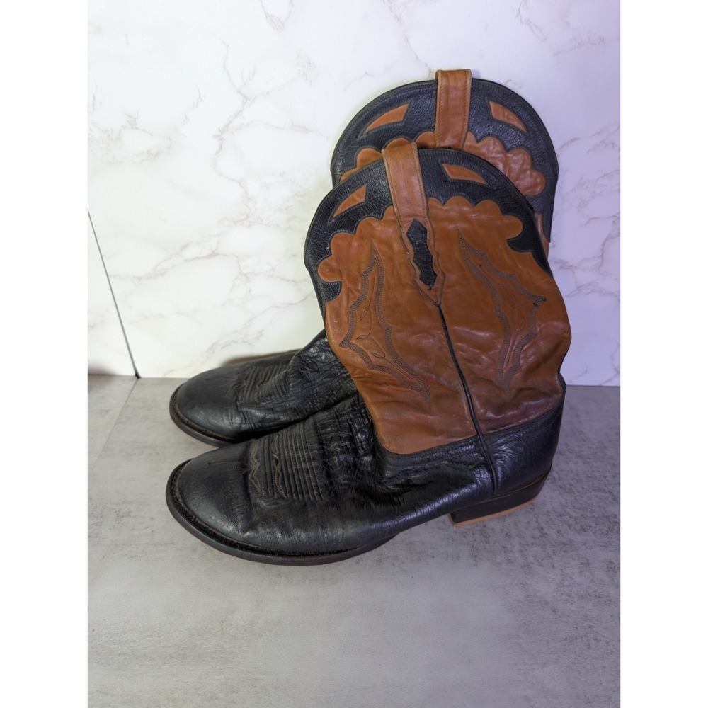 Vintage Lucchese 2000 Two Tone Cowboy Boots T1140HD Black Cognac Men's 11.5 E